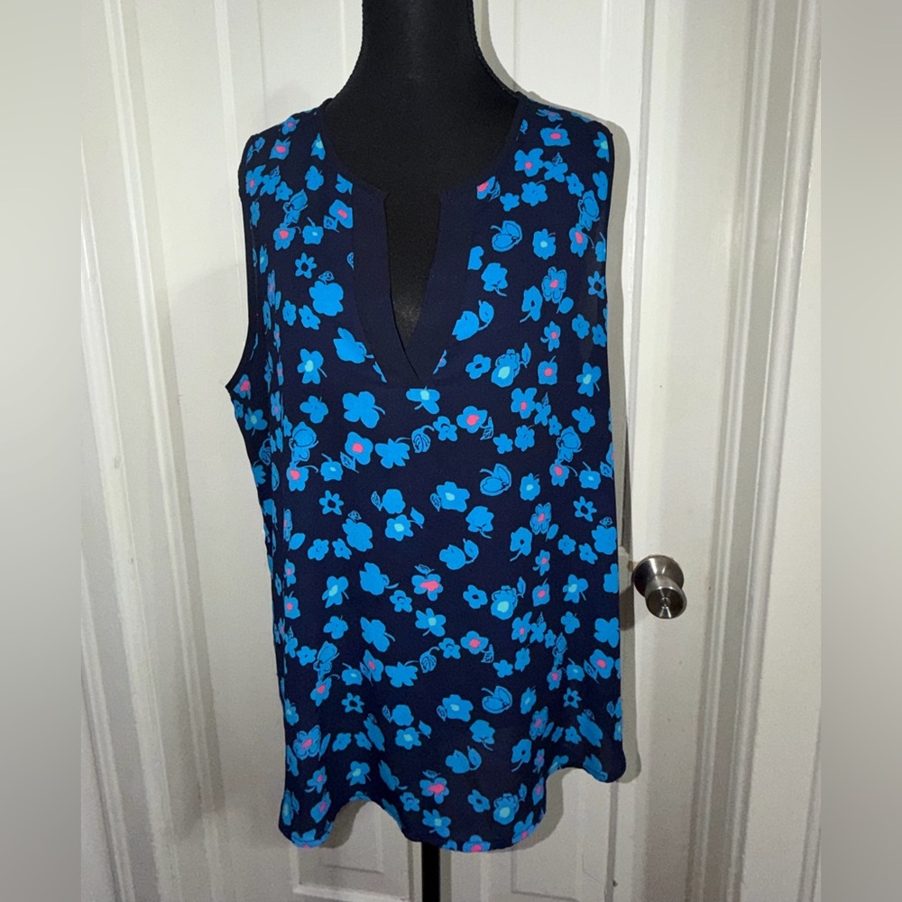 Pixley Navy Floral Sleeveless Blouse Womens 1x, shirt, top, tank top